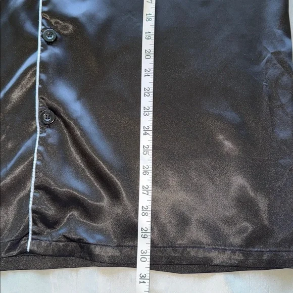 Black Silk Button-Up Pajama Top White Piping Short Sleeve Sophisticated Sz L - Picture 5 of 8